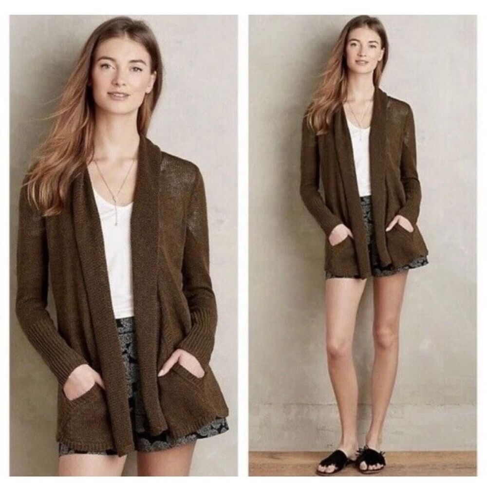 Anthropologie Angel of The North Womens Size Small Green Linen Cascade Sweater